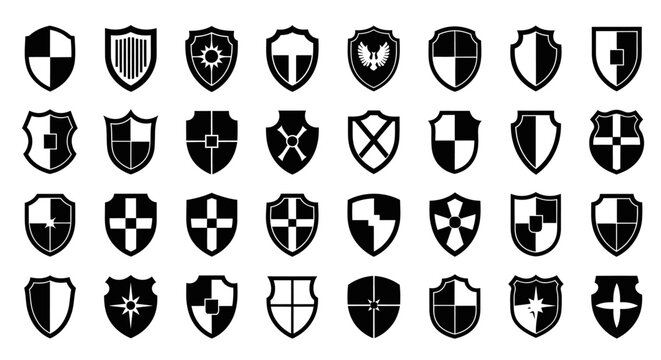 Collection of black and white shield icons with various geometric patterns and designs on a plain white background
