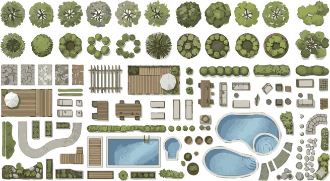 Top View Landscape Design Elements Set, Architecture Garden Plan Icons with Trees, Furniture, Swimming Pool and Outdoor Patio, Vector Illustration for Site Mapping