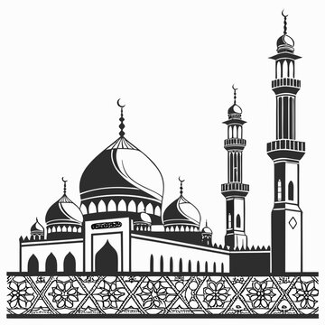 Traditional islamic mosque silhouette with domes, minarets and decorative border