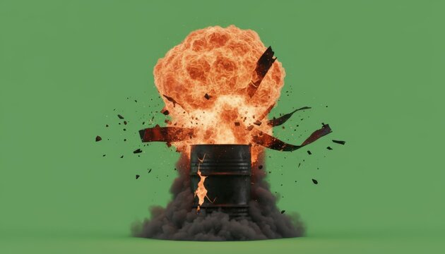 Explosion erupts from a burning oil drum. Flames engulf the barrel with thick smoke. Shards fly outward as debris scatters. Green screen background allows easy editing