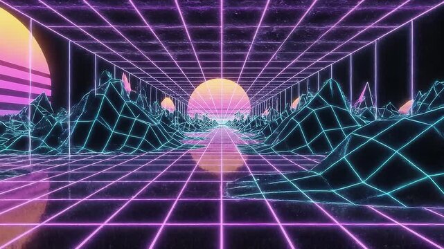 Vaporwave Retro Futuristic Grid Landscape with Neon Mountains and Sunset Reflection