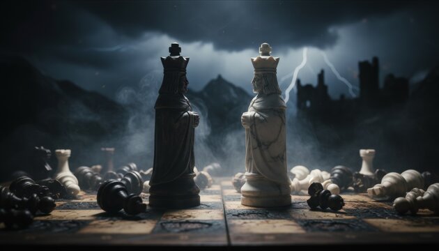 Dark chessboard under stormy skies. Two kings stand poised, facing conflict. Smoke and lightning add dramatic tension. Battle of wills, fate, or power. Use for themes of rivalry or strategy