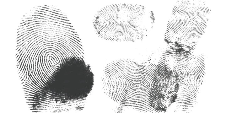 Set of black fingerprint patterns and thumb prints for biometric identification and security system authentication