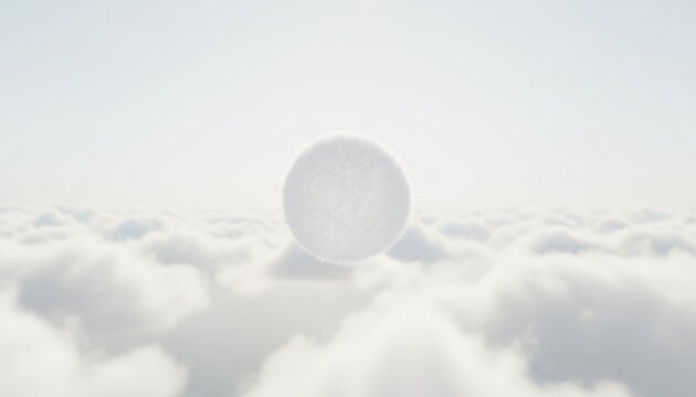 Lone sphere floats above fluffy white clouds. Soft light illuminates the scene gently. The sphere appears textured, almost alive. Clouds stretch endlessly below, serene and vast