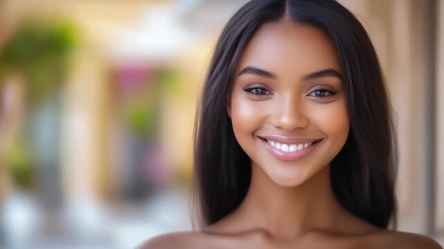 Close-up headshot portrait of beautiful Polynesian woman with flawless skin, natural beauty concept with elegant expression and soft glowing light