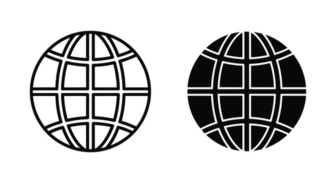 Global world map grid sphere icon set in minimalist outline and solid black style for international business and technology