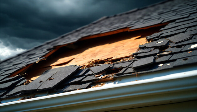 Damaged roof shingles missing and broken after a storm showing exposed wooden underlayer
