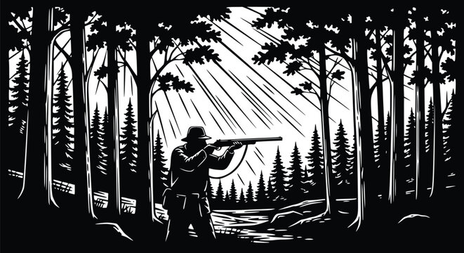 Hand Drawn Hunter Silhouette in Forest Vector Illustration Vintage Wilderness Hunting Design