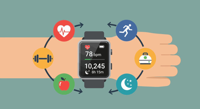 Smartwatch on wrist with fitness icons.