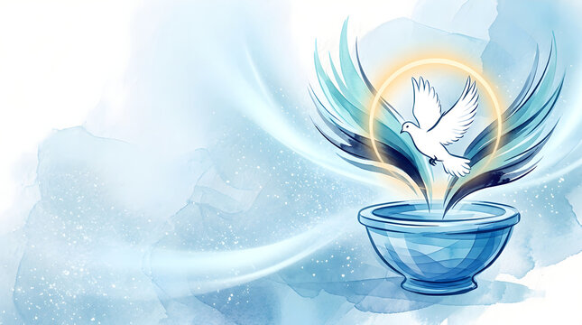 divine holy spirit descending into glowing blue chalice with golden light and wings illustration