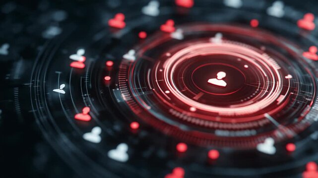 many bright human icons on cybernetic verse black background a red on in the middle of red circle , ideal candidate selection, futuristic recruitment and right person for right position