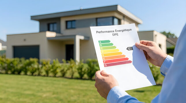 A person holding a document showing the energy performance rating of a house in front of a modern residential building