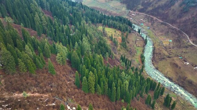 Cinematic tilt up revealing the misty Lidder river valley in Pahalgam.