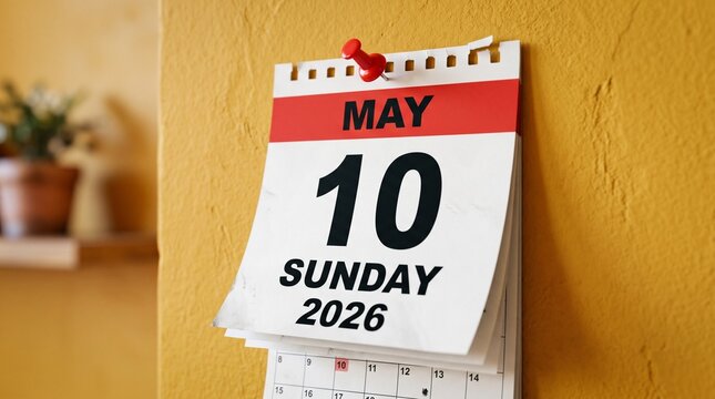 Close up view of a paper calendar page showing the tenth of may on a sunday in the year twenty twenty six pinned to wall