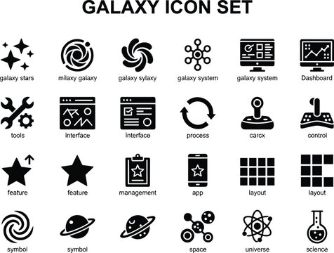 Black glyph icons featuring galaxy stars planets space symbols and various software user interface elements