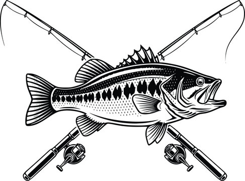 Hand Drawn Bass Fish with Crossed Fishing Rods Vintage Vector Illustration