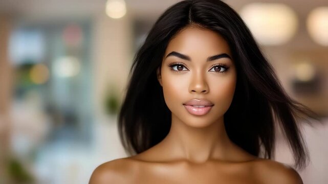 Close-up headshot portrait of beautiful Polynesian woman with flawless skin, natural beauty concept with elegant expression and soft glowing light