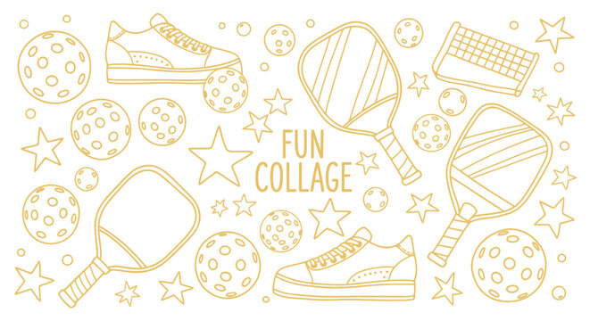 Fun collage of pickleball equipment and accessories with stars