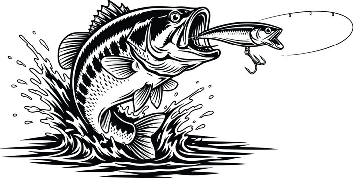 Hand Drawn Bass Fish Jumping on Fishing Lure Vector Vintage Black and White Illustration