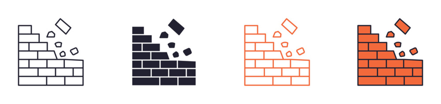 Broken wall icon set. demolition and damaged barrier concept. outline, glyph, colored line and flat style. vector illustration.