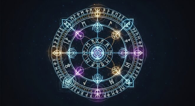 astrology chart with colorful symbols on black background