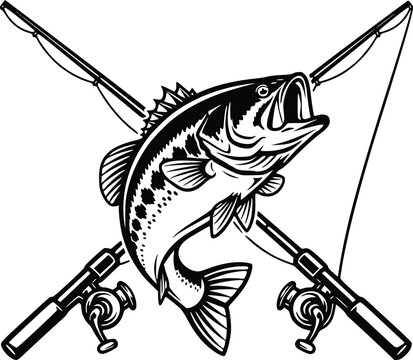 Hand Drawn Bass Fish and Crossed Fishing Rods Vintage Vector Illustration