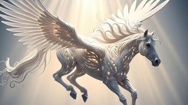 An abstract black silhouette vector illustration of a wild Pegasus stallion with wings running at full speed in a majestic gallop