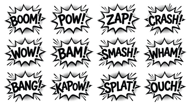 Set of retro comic book speech bubbles featuring classic action sounds like boom and pow in a distinct black and white style.