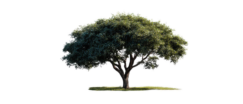 Isolated oak tree with wide green canopy on black background