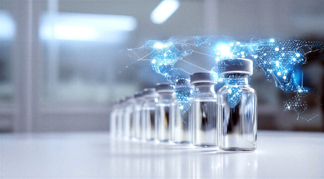 Modern glass vials with glowing digital global network illustration representing medical technology and worldwide research advancements