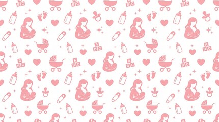 Naklejka premium Seamless pattern featuring cute pink icons of nursing mothers and various newborn baby accessories designed for nursery decor or textile prints for cute baby products