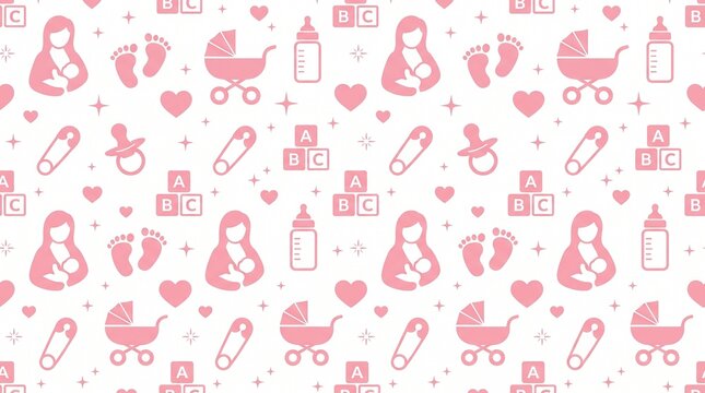 Seamless pattern featuring cute pink baby icons including nursing mothers strollers bottles footprints pacifiers safety pins and blocks for charming nursery decoration or textile fabric designs