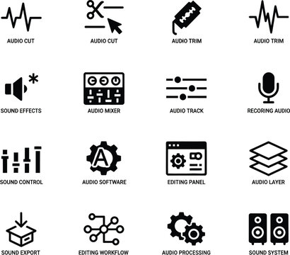 Set of black professional audio and sound editing interface icons for media production and software
