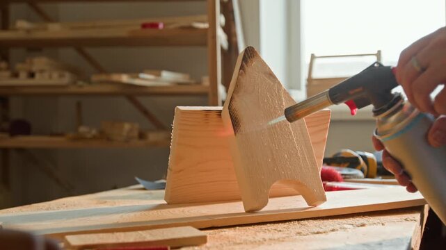 Close-up view of unknown craftsman burning wooden detail with blow torch while creating weathered look during woodworking masterclass