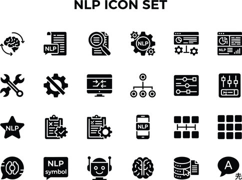 Collection of natural language processing technology icons for artificial intelligence and machine learning software development projects
