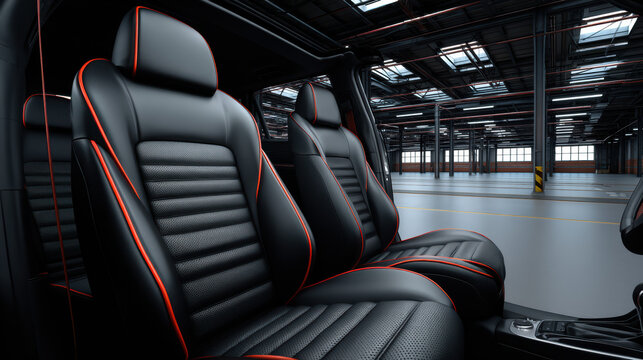 Luxury car interior showcasing black leather seats with orange piping detail, parked in an industrial building with a high ceiling and support beams inside.