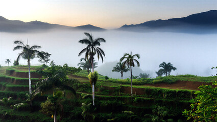 Fototapeta premium Stunning sunrise over lush green terraced fields with palm trees and misty mountains in background