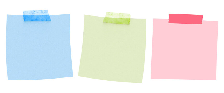 Sticky note reminder. Post it note paper. Yellow, black, blue, purple sheets for notes isolated with clipping path on background