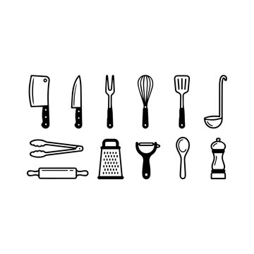 Butcher Kitchen Tools Set &ndash; Minimalist Fork, Knife, and Meat Cleaver Line Art Illustration