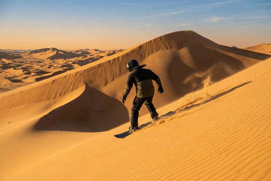 Adventurous person sandboarding down high dunes in a vast desert landscape outdoors