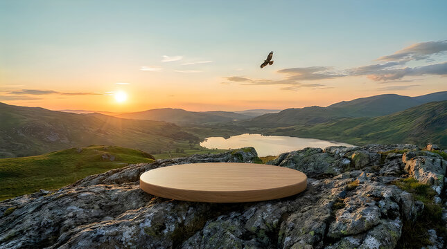 Minimalist wooden circular podium placed on rugged mountain rock formation during golden hour sunset view with silhouette of eagle bird flying high above scenic lake landscape background.
