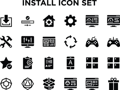 Collection of software installation and computer settings icons for professional web development and user interface projects