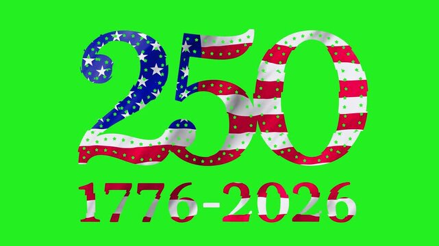 American 250th anniversary logo on chroma key featuring flag styled numerals and historic dates for July 4 celebration visuals