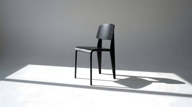 Black wooden chair featuring a classic mid-century design is positioned in a bright minimalist room with a long shadow stretching across the white floor.
