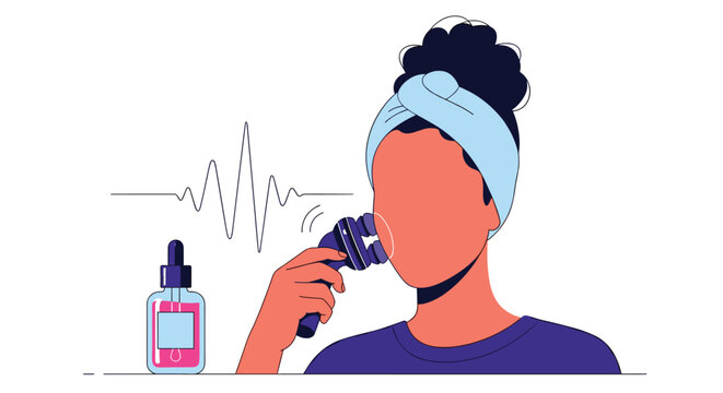 Woman using a dual roller massager or firming device on her face with a bottle of serum and pulse waves.