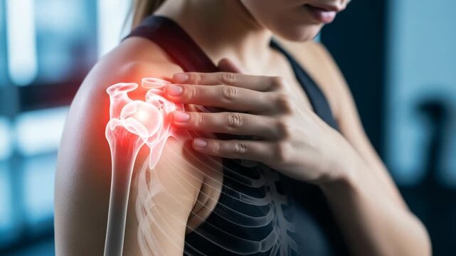 Woman touching painful shoulder with xray skeleton overlay