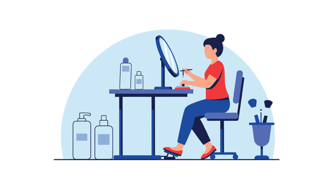 Young woman sitting at her vanity table applying makeup while looking into a mirror surrounded by various skincare and beauty products.