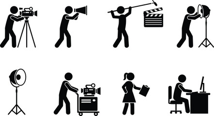 Film production and media industry silhouette icon set featuring camera operator, director with megaphone, sound boom operator, lighting technician, and video editor, flat vector illustration. © SHANJIDA