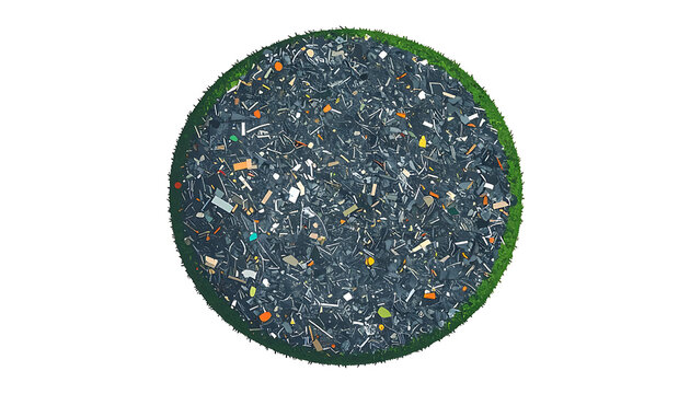 Abstract circular mosaic pattern with irregular small pieces in dark blue and grey tones, surrounded by a green border, representing textured complexity