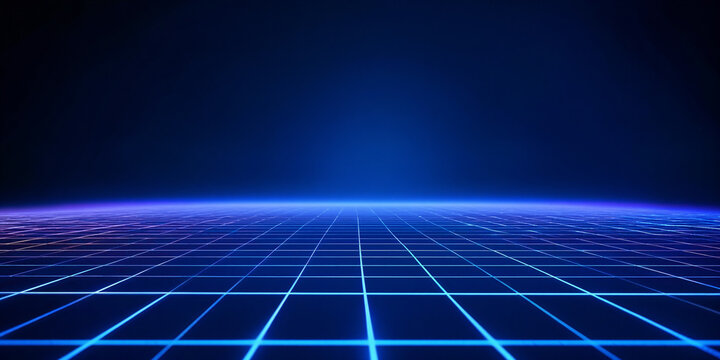 VR Digital Landscape with Glowing Grid Floor on Dark Blue Background
